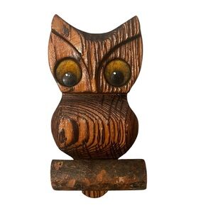 VTG MCM Wood Horned Striped Owl Handcrafted USA Felt Eyes Retro Wall Mount